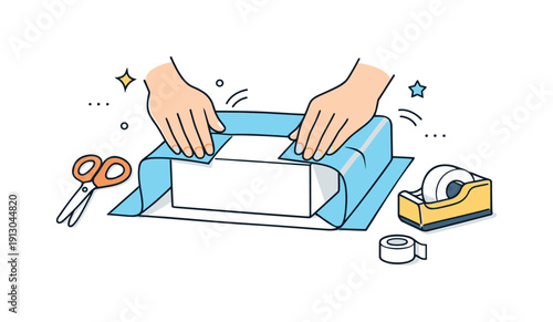 Calm Gift Wrapping. Gift wrapping process. Hands neatly folding wrapping paper around a box, with scissors and tape placed nearby in an organized way. The