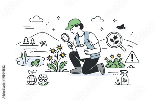 Invasive species management. Environmental specialist monitoring non-native plants in a natural landscape, calm and focused conservation