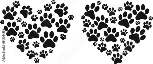 Two heart shapes formed with multiple paw prints vector illustration, pet love symbol design for animal care, rescue, adoption, welfare icon