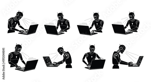 Silhouette figures working on laptops in sequential motion depicting progress