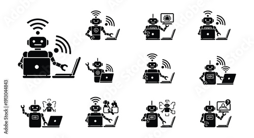 Silhouette figures working on laptops in sequential motion depicting progress