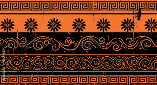 An ancient Greek inspired artwork with intricate black and orange designs