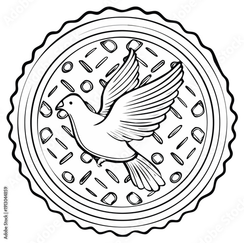 Flying dove in round decorative frame, simple line art black and white illustration