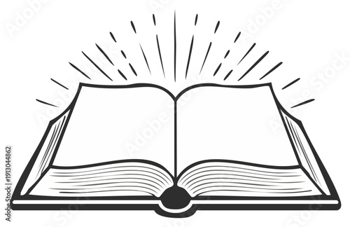 Open Book with Sunburst Illustration, Education and Knowledge Concept