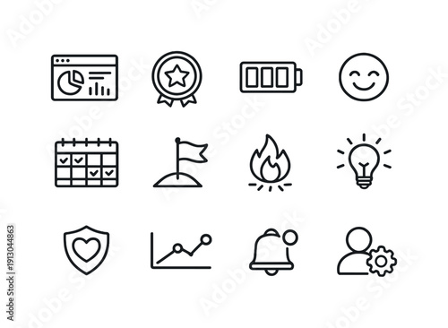   Personal wellbeing dashboard. Line outline icon set of Personal wellbeing dashboard: