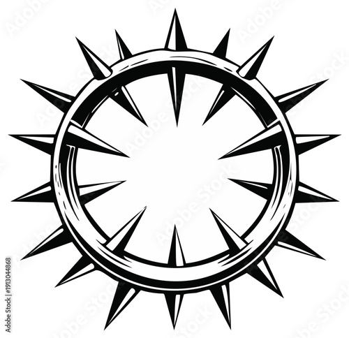 Black and White Ring with Sharp Spikes Stylized as a Crown or Emblem