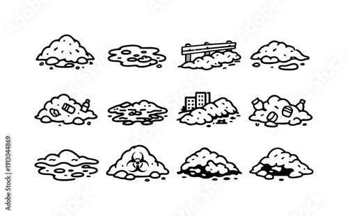    Dirty Snow. Line icon set of Dirty Snow: polluted snow pile, gray slush, roadside dirty snow, melting snow sludge, snow with debris, icy mud