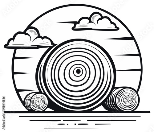 Stylized illustration of round hay bales under a sunset sky with clouds
