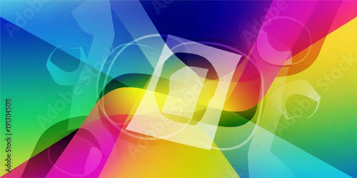 An abstract colorful rainbow background features a bright spectrum of waves and geometric shapes, creating an artistic vector illustration with a vibrant light pattern and textured style