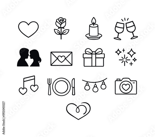 Romantic Icons Set. Romantic Celebration. Line icon set of Romantic Celebration: heart outline, rose flower, candlelight, wine glasses, couple silhouette, love