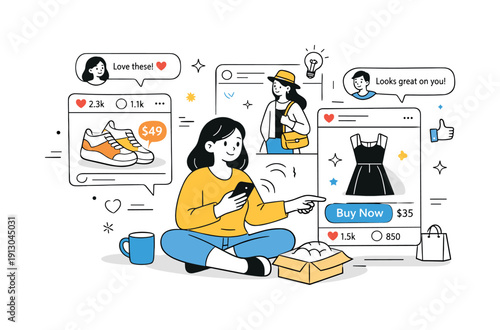 Social commerce trends. A person shopping directly from social media-style posts with likes and comments visible, showing influence-driven