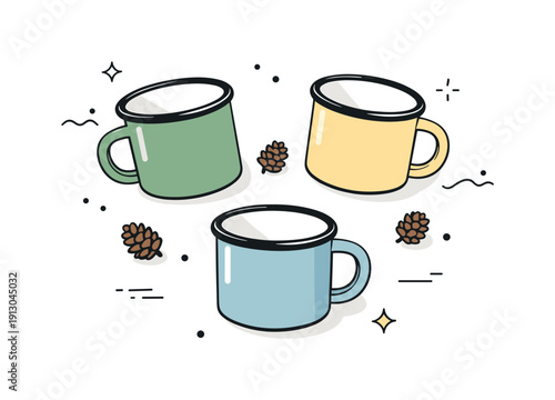 Minimalist Camping Mugs. Enamel mug flatlay. Top-down view of two or three camping mugs in soft muted colors with tiny pinecones, abstract dots and lines