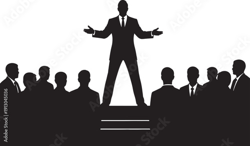 Public Speaker Addressing Audience from Podium Silhouette Illustration Isolated on White