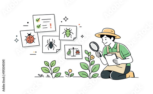 Integrated pest management. A gardener observing plants while checking simple pest icons and notes, suggesting careful monitoring and