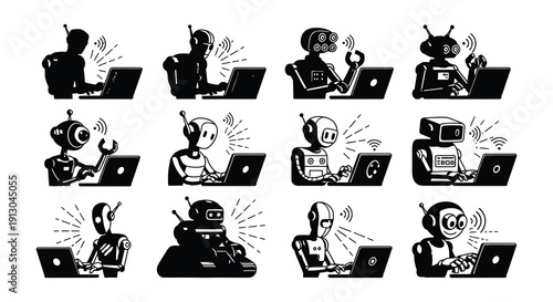 Silhouette figures working on laptops in sequential motion depicting progress