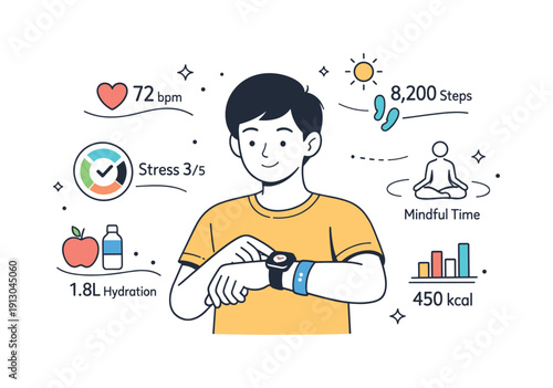 Wearable health tech overview. Calm editorial scene with a person wearing a smartwatch and fitness band, health data gently floating around