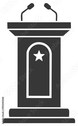 Podium with Microphones and Star Badge for Public Speaking or Debate Vector Icon