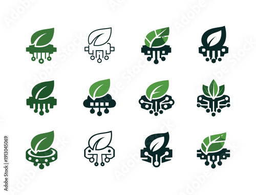    Rewilding ecosystems with technology. Icon set. Set Logo of Rewilding ecosystems with technology: sensor node with leaf. harmonious logo