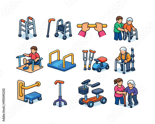   Mobility assistance. Colorful isometric vector icons set of mobility assistance: walking frame support, cane and walker set, hands holding