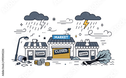 Severe weather and its impact on local economies. A small town facing heavy rain and strong winds while local shops remain closed. The scene