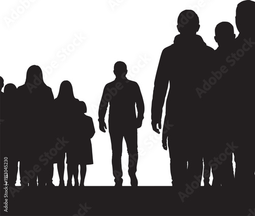Man Silhouette Walking Forward from Crowd on White Background