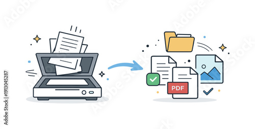 Digital document management. A simple illustration of papers entering a scanner and turning into digital file icons, symbolizing