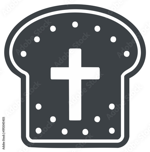 Religious icon of a bread slice with a Christian cross symbolizing Holy Communion and the Eucharist