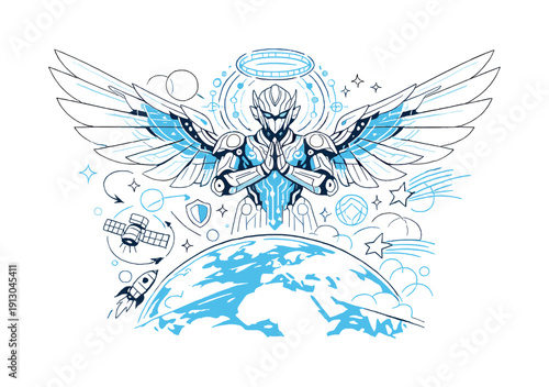   A mechanical angel guarding Earth. A towering robotic angel floats above the planet, metal