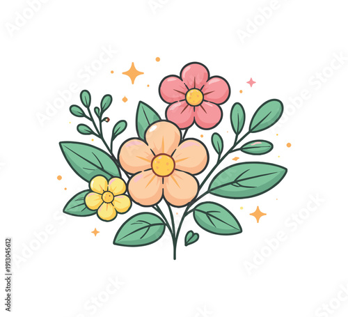 Garden blooms a refined floral badge featuring a small cluster of blossoms and leaves, suggesting elegance, care and everyday connection to