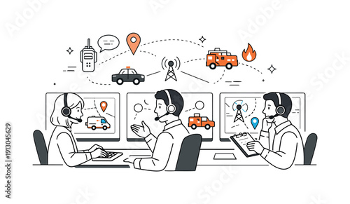 Emergency response units coordinating. Dispatch center scene with operators monitoring screens and communicating with field teams. Focused