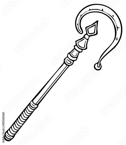 Mysterious Hooked Magic Staff Scepter with Ornate Details Line Art