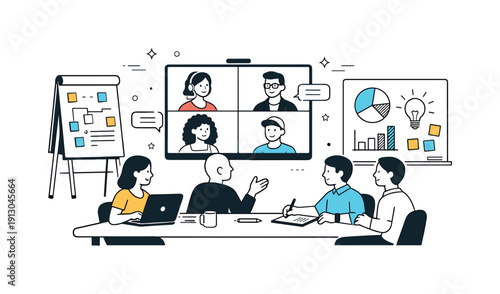    Hybrid meeting room setups. Minimal conference room scene combining physical notes and digital screens with remote participants. Thoughtful