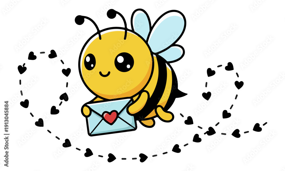 Obraz premium Cute Cartoon Bee Flying with Love Letter Envelope Vector Illustration