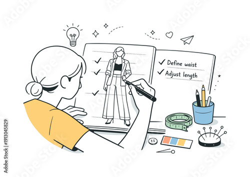 Fashion illustration details. Designer adding final lines and notes to a sketch, refining proportions and shapes. Focused finishing moment