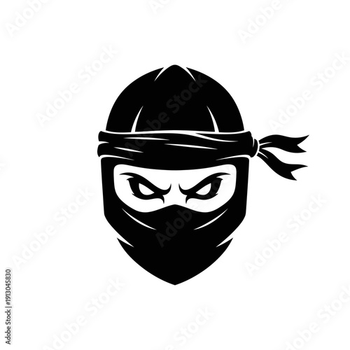 A black and white graphic illustration of a ninja's face, featuring intense eyes and a masked mouth, symbolizing stealth and mystery in martial arts