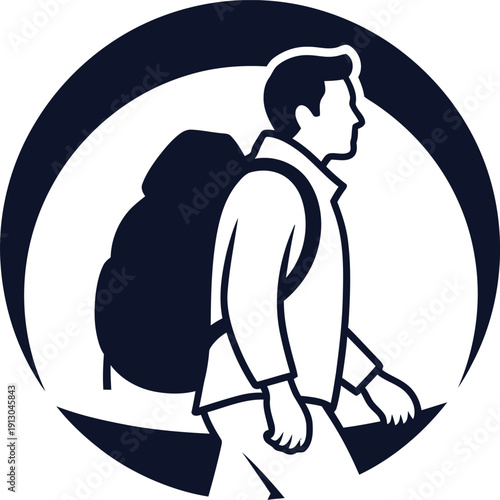 A person with a backpack walking in profile view within a circular frame