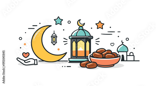 Ramadan and Eid traditions. A crescent moon, lantern, and dates arranged in a peaceful night scene. The illustration conveys reflection,
