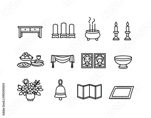 Ancestral altar. Line icon set of Ancestral altar: altar table, ancestral tablets, incense pot, candle pair, offering plates, ritual cloth,