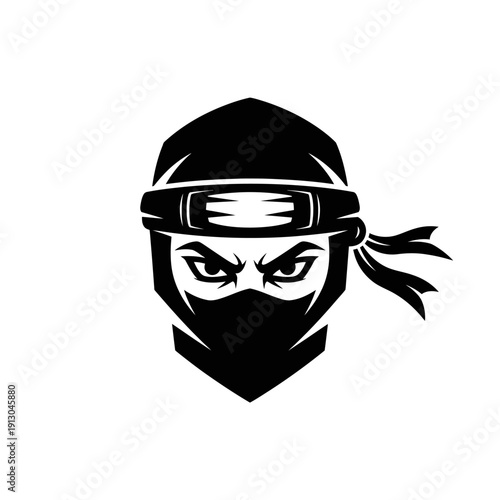 Ninja warrior mask icon, a stylized illustration of a fierce masked combatant with piercing eyes, representing stealth and martial arts