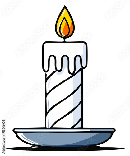 Cartoon illustration of a lit white candle in a holder