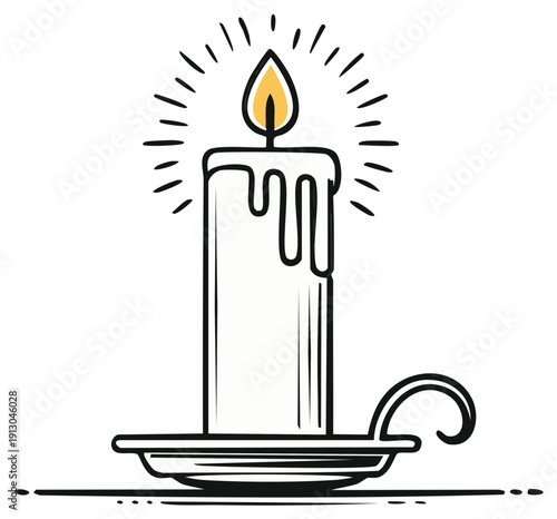 Hand drawn illustration of a lit white candle in a holder emitting warm glow and light rays