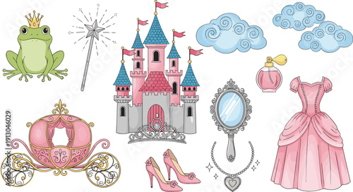 Princess fairytale vector set featuring pink castle, magical carriage, glass slippers, crown frog prince, magic wand, ball gown, and royal mirror accessories.