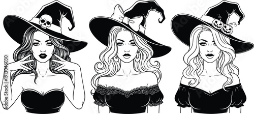 Three Witches in Black and White with Various Hats women Halloween