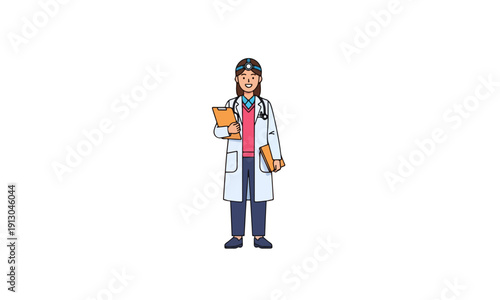 Physician Wearing Headlamp Holding Medical Clipboard Vector Illustration