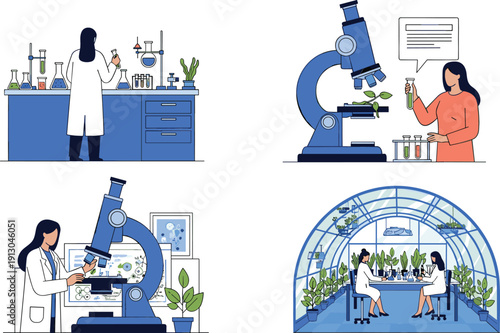 Female scientists conducting laboratory research experiments with microscopes and test tubes in clinical lab and agricultural greenhouse settings for biotechnology and science.