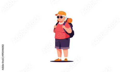 Senior Woman Backpacker Wearing Cap and Sunglasses Vector Illustration