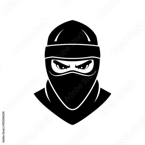Dynamic black and white vector illustration of a person wearing a ski mask or balaclava, featuring intense, piercing eyes that convey anonymity, determination, and a mysterious, hidden identity