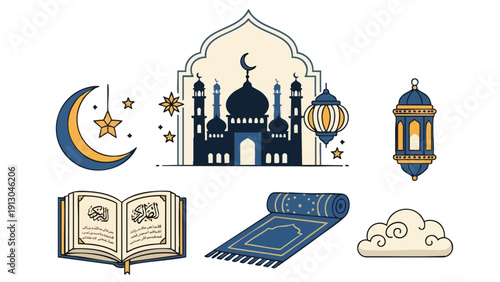 Flat lay illustration of Islamic symbols including a mosque, prayer mat, Quran, lantern, crescent moon and stars on a white background.