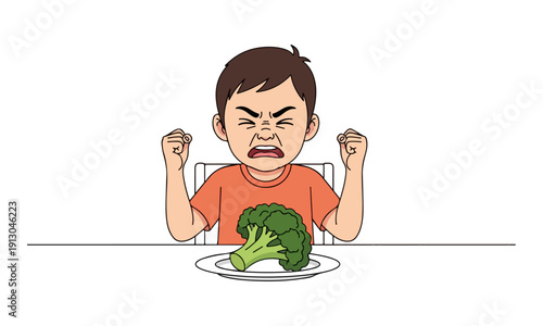 Child Refusing Broccoli with Angry Face and Clenched Fists