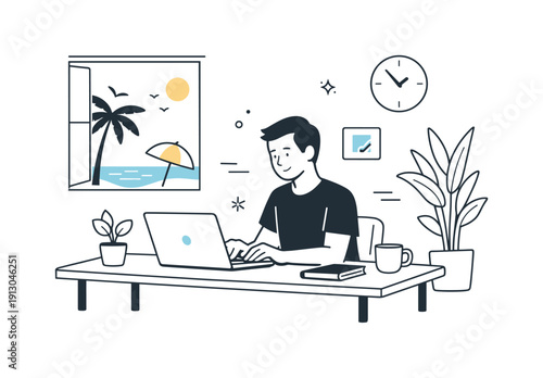   Quiet work during summer holidays. Freelancer typing at a desk while vacation vibes stay outside, calm focus and low digital noise. Peaceful